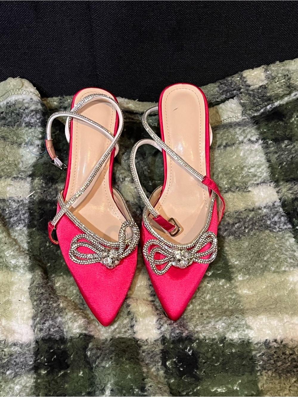 Fuchsia Pointed-Toe Satin Slingback Flats with Crystal Bow